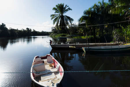 Boat stopped on the river among the trees. Nilo Pecanha, Bahia, Brazil.の写真素材
