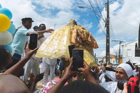 Santo Amaro, Bahia, Brazil - May 15, 2022: Members of the Candomble religion are seen during a...