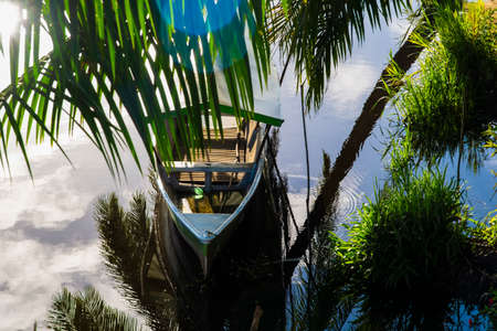 Boat stopped on the river among the trees. Nilo Pecanha, Bahia, Brazil.の写真素材