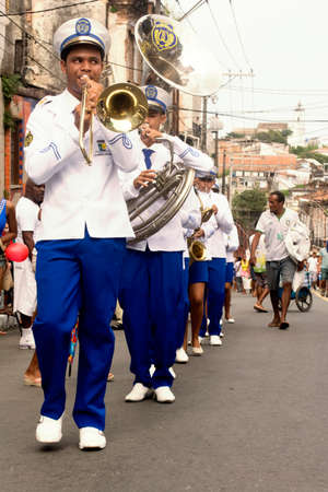 Salvador, Bahia, Brazil - July 02, 2015: Musicians are seen during the Bahia independence parade in Lapinha neighborhood in Salvador.のeditorial素材