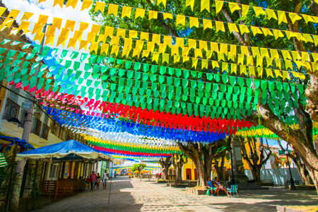 Cachoeira, Bahia, Brazil - June 26, 2019: Colorful flags for the decoration of the Sao Joao party in the city of Cachoeira, Bahia.のeditorial素材