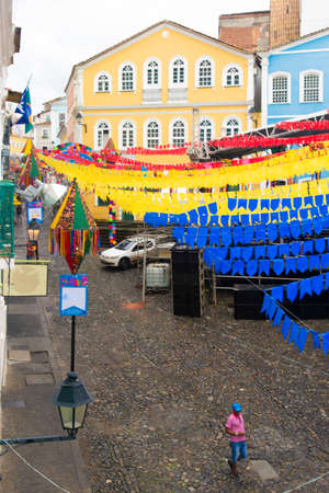 Salvador, Bahia, Brazil - June 20, 2019: Colorful flags decorating the feast of Sao Joao in Pelourinho, Historic Center of Salvador, Bahia.のeditorial素材