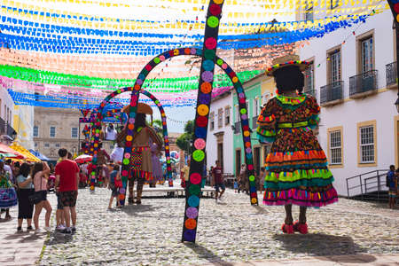 Salvador, Bahia, Brazil - June 20, 2019: Colorful flags decorating the feast of Sao Joao in Pelourinho, Historic Center of Salvador, Bahia.のeditorial素材