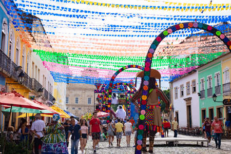 Salvador, Bahia, Brazil - June 20, 2019: Colorful flags decorating the feast of Sao Joao in Pelourinho, Historic Center of Salvador, Bahia.のeditorial素材