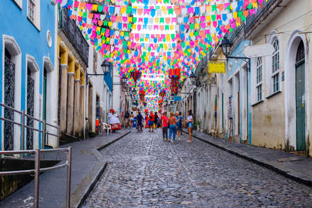 Salvador, Bahia, Brazil - June 20, 2019: Colorful flags decorating the feast of Sao Joao in Pelourinho, Historic Center of Salvador, Bahia.のeditorial素材