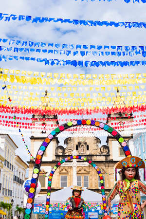 Salvador, Bahia, Brazil - June 20, 2019: Colorful flags decorating the feast of Sao Joao in Pelourinho, Historic Center of Salvador, Bahia.のeditorial素材