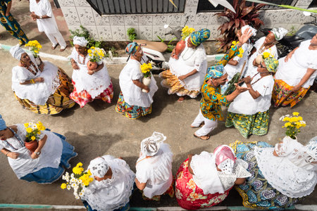 Saubara, Bahia, Brazil - June 12, 2020: Candomble members dancing and singing at the religious festival in Bom Jesus dos Pobre district, Saubara city.のeditorial素材