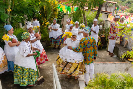 Saubara, Bahia, Brazil - June 12, 2020: Candomble members worshiping at the religious house in Bom Jesus dos Pobre district, Saubara city.のeditorial素材