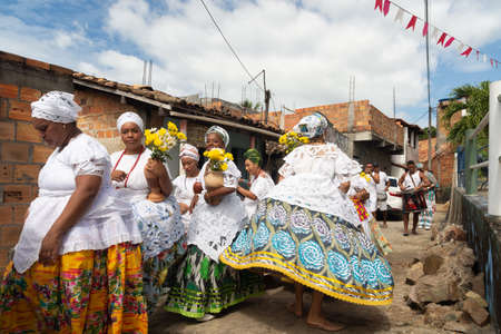 Saubara, Bahia, Brazil - June 12, 2020: Candomble members dancing and singing at the religious festival in Bom Jesus dos Pobre district, Saubara city.のeditorial素材