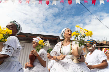 Saubara, Bahia, Brazil - June 12, 2020: Candomble members dancing and singing at the religious festival in Bom Jesus dos Pobre district, Saubara city.のeditorial素材