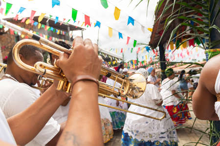Saubara, Bahia, Brazil - June 12, 2020: Candomble members dancing and singing at the religious festival in Bom Jesus dos Pobre district, Saubara city.のeditorial素材