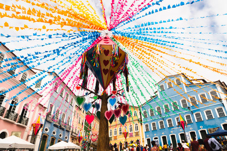 Salvador, Bahia, Brazil - June 16, 2022: Colorful flags and balloons decorating the feast of Sao Joao in the historic center of Salvador, Bahia.のeditorial素材
