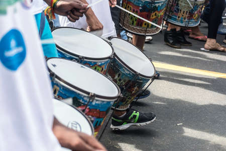 Salvador, Bahia, Brazil - July 02, 2015: Musicians are seen during the Bahia independence parade in Lapinha neighborhood in Salvador.のeditorial素材