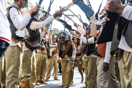 Salvador, Bahia, Brazil - July 02, 2017: Group of Cangaceiros protest in the civic parade of Independence of Bahia in Lapinha neighborhood, Salvador, Bahia.のeditorial素材