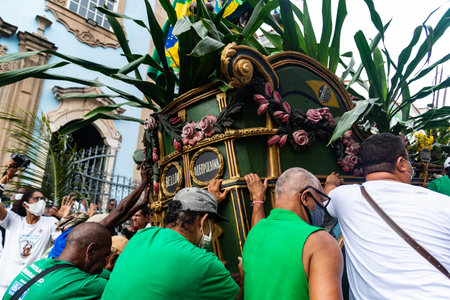 Salvador, Bahia, Brazil - July 02, 2015: Group of people push Cabocla wagon at the Bahia...