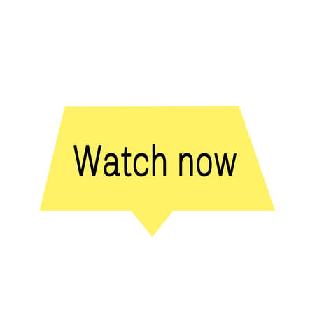 Yellow button with the inscription Watch now with arrow pointing down. Watch Now, with arrow pointing hand to website.の写真素材