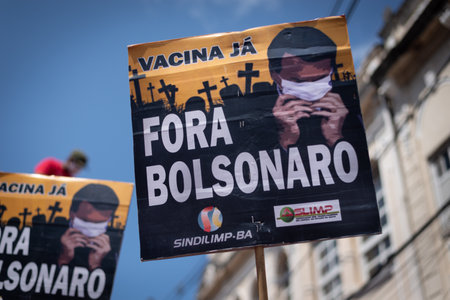 Salvador, Bahia, Brazil - October 02, 2021: People protesting with banners, posters and screams at the event against the government of President Bolsonaro, in Salvador, Bahia.のeditorial素材