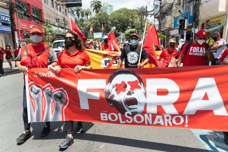 Salvador, Bahia, Brazil - October 02, 2021: People protesting with banners, posters and screams at the event against the government of President Bolsonaro, in Salvador, Bahia.のeditorial素材