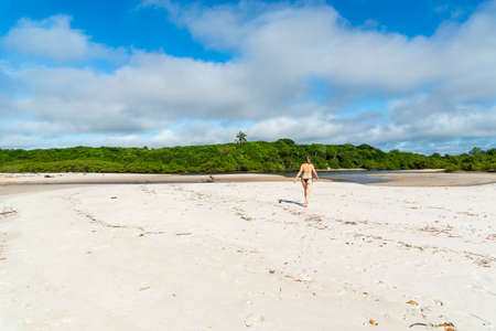 Young beautiful woman walking on the beach sand towards the trees and the mangrove. Praia do Guaibim, coast of the sea of Bahia, Brazilの写真素材