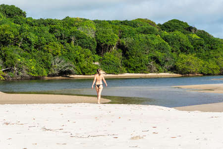Young beautiful woman walking on the beach sand towards the trees and the mangrove. Praia do Guaibim, coast of the sea of Bahia, Brazilの写真素材