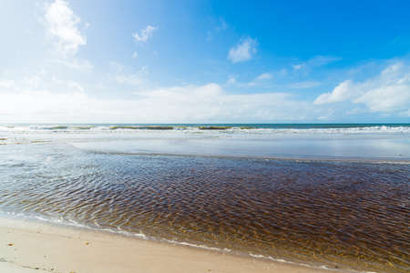 Meeting of the sea and the river on the deserted beach against blue sky with clouds. Praia do Guaibim, coast of the sea of Bahia, Brazilの写真素材