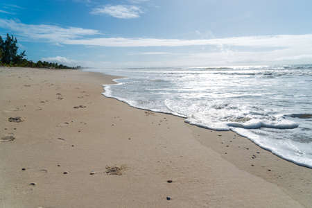 Waves lapping on the sands of the empty beach. Guaibim beach, coast of the sea of Bahia, Brazilの写真素材