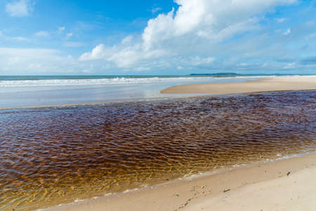 Meeting of the sea and the river on the deserted beach against blue sky with clouds. Praia do Guaibim, coast of the sea of Bahia, Brazilの写真素材