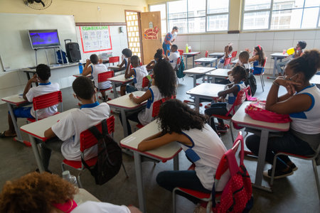 Salvador, Bahia, Brazil - October 14, 2021: Students studying in a classroom after returning to face-to-face classes during the coronavirus pandemic in Salvador, Bahia.のeditorial素材