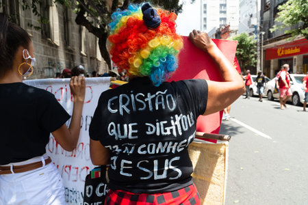 Salvador, Bahia, Brazil - October 02, 2021: Protester walks gesticulates screams during protest against President Jair Bolsonaro in the city of Salvador.のeditorial素材