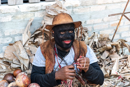 Santo Amaro, Bahia, Brazil - July 24, 2022: Members of the cultural event Nego Fugido prepare to perform in a theatrical way for the end of slavery in Acupe, Santo Amaro, Bahia.のeditorial素材