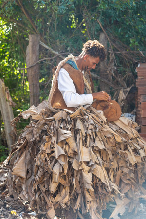 Santo Amaro, Bahia, Brazil - July 24, 2022: Members of the cultural event Nego Fugido prepare to perform in a theatrical way for the end of slavery in Acupe, Santo Amaro, Bahia.のeditorial素材