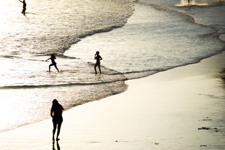 Salvador, Bahia, Brazil - November 01, 2021: People walking on the sand of Rio Vermelho beach in...