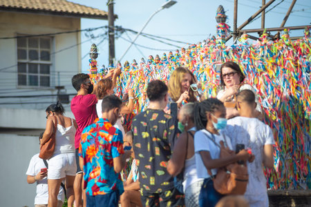 Salvador, Bahia, Brazil - January 07, 2022: Tourists pray together at the famous Senhor do Bonfim church in Salvador, Bahia for a better year.のeditorial素材