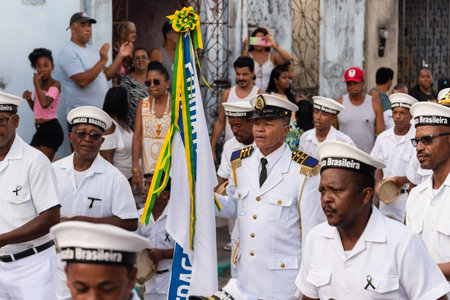 Saubara, Bahia, Brazil - August 06, 2022: Members of Marujada Fragata Brasileira parade and play...