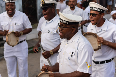 Saubara, Bahia, Brazil - August 06, 2022: Members of Marujada Fragata Brasileira parade and play...