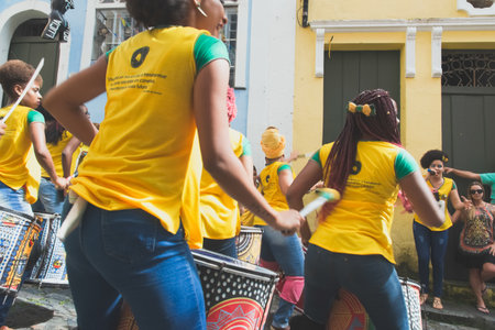 Salvador, Bahia, Brazil - June 22, 2018: Dida Band members play percussion instruments at Pelourinho in Salvador, before the match between Brazil vs Costa Rica for the 2018 soccer world cup in Russia.のeditorial素材