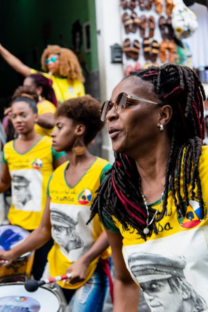 Salvador, Bahia, Brazil - June 22, 2018: Dida Band members play percussion instruments at Pelourinho in Salvador, before the match between Brazil vs Costa Rica for the 2018 soccer world cup in Russia.のeditorial素材