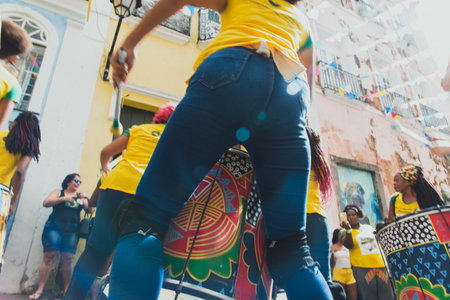 Salvador, Bahia, Brazil - June 22, 2018: Dida Band members play percussion instruments at Pelourinho in Salvador, before the match between Brazil vs Costa Rica for the 2018 soccer world cup in Russia.のeditorial素材
