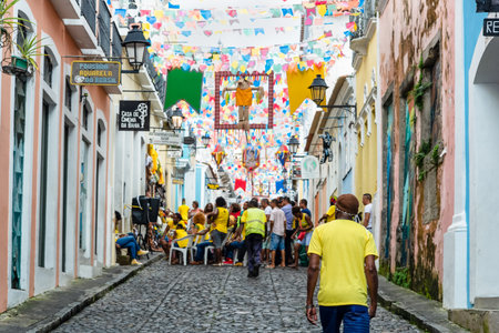 Salvador, Bahia, Brazil - June 22, 2018: Fans of Brazil are seen in Pelourinho before the game between Brazil vs Costa Rica for the 2018 Soccer World Cup in Russia.のeditorial素材