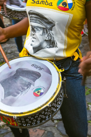 Salvador, Bahia, Brazil - June 22, 2018: Dida Band members play percussion instruments at Pelourinho in Salvador, before the match between Brazil vs Costa Rica for the 2018 soccer world cup in Russia.のeditorial素材
