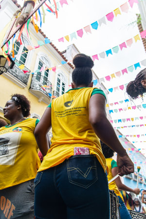 Salvador, Bahia, Brazil - June 22, 2018: Dida Band members play percussion instruments at Pelourinho in Salvador, before the match between Brazil vs Costa Rica for the 2018 soccer world cup in Russia.のeditorial素材
