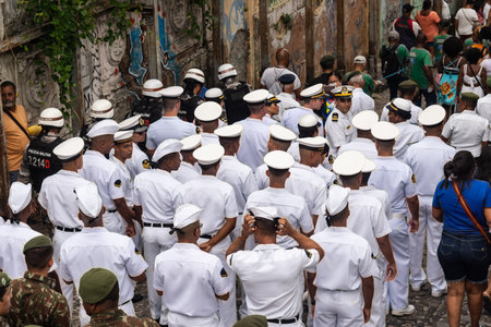 Salvador, Bahia, Brazil - July 02, 2022: Group of military personnel from the armed forces parade in the civic parade of independence of Bahia, in Pelourinho, Salvador, Bahia.のeditorial素材