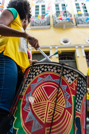 Salvador, Bahia, Brazil - June 22, 2018: Dida Band members play percussion instruments at Pelourinho...