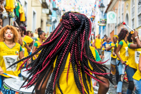 Salvador, Bahia, Brazil - June 22, 2018: Dida Band members play percussion instruments at Pelourinho in Salvador, before the match between Brazil vs Costa Rica for the 2018 soccer world cup in Russia.のeditorial素材