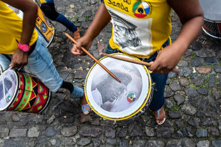 Salvador, Bahia, Brazil - June 22, 2018: Dida Band members play percussion instruments at Pelourinho in Salvador, before the match between Brazil vs Costa Rica for the 2018 soccer world cup in Russia.のeditorial素材