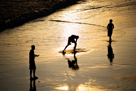 Salvador, Bahia, Brazil - November 01, 2021: People walking and having fun on the sand of Rio Vermelho beach in Salvador, Bahia, in the late afternoon.のeditorial素材