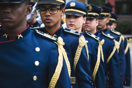 Salvador, Bahia, Brazil - September 7, 2016: Military personnel in formation during a military parade commemorating the independence of Brazil in the city of Salvador, Bahia.のeditorial素材