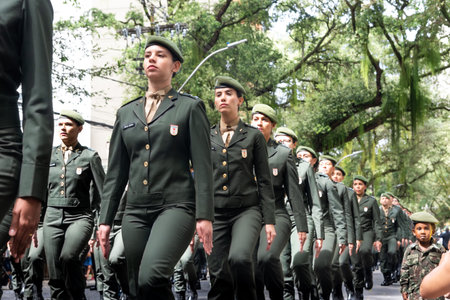 Salvador, Bahia, Brazil - September 07, 2022: Women Soldiers of the Brazilian army parading on Brazilian independence day through the streets of downtown Salvador, Bahia.のeditorial素材