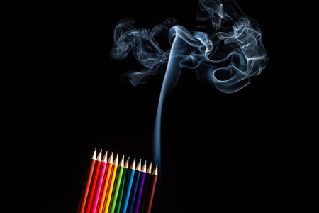 Colored pencils grouped on black background with white smoke coming from below. Closeup. Sharp...