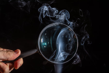A magnifying glass against a black background and smoke coming from below. Closeup. plastic and glass material.の写真素材